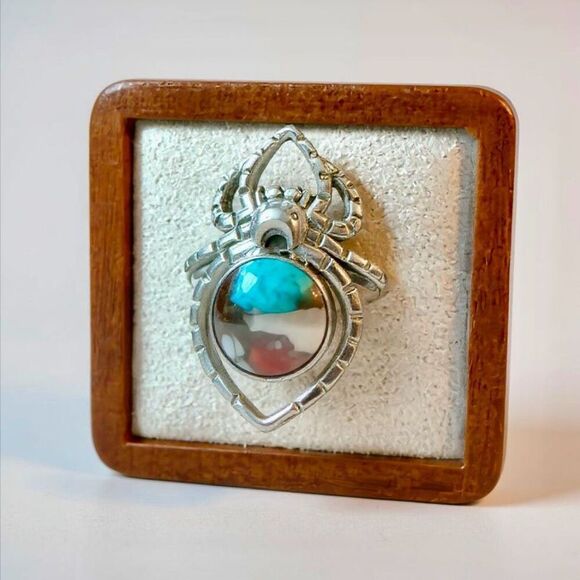 Round Spiny Oyster Turquoise Spider Boho Ring Sterling Silver Southwestern Sz 7 - Picture 1 of 8